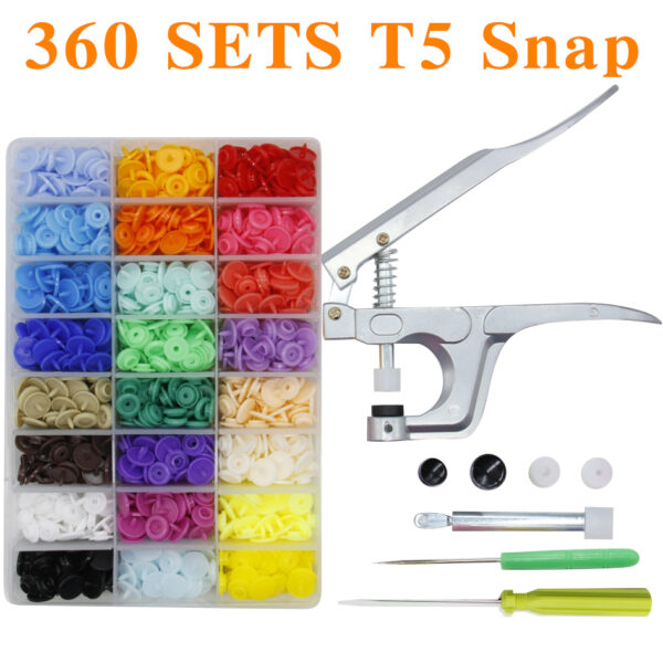 U-Shape-Fastener-Snap-Pliers-360-sets-T5-Snap-Poppers-Plastic-Buttons-Kit-Snaps-Cloth-Buttons